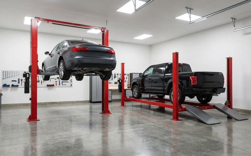 Sedan on a red two-post lift beside a pickup truck on a red four-post lift in a bright garage