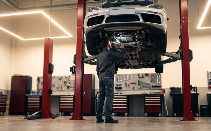 Mechanic inspecting the underside of a silver car on a red two-post lift