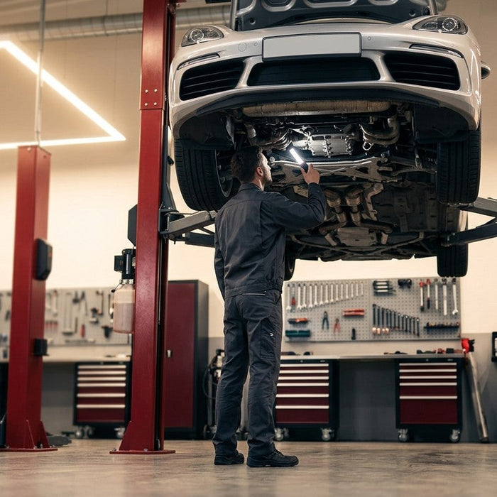 Mechanic inspecting the underside of a silver car on a red two-post lift
