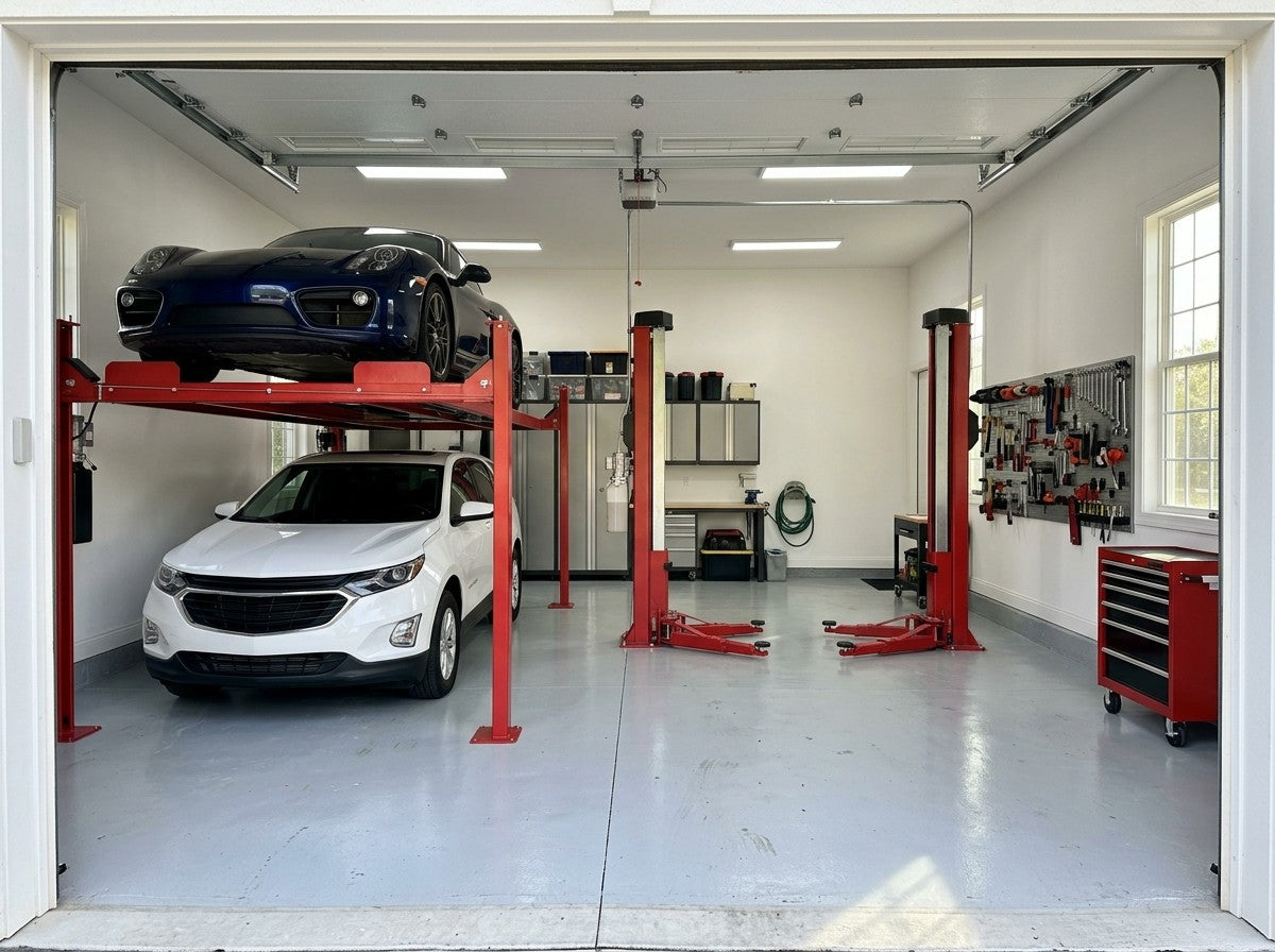 Two-car home garage with a sports car stored on a red four-post lift above an SUV, next to an open bay with a red two-post lift